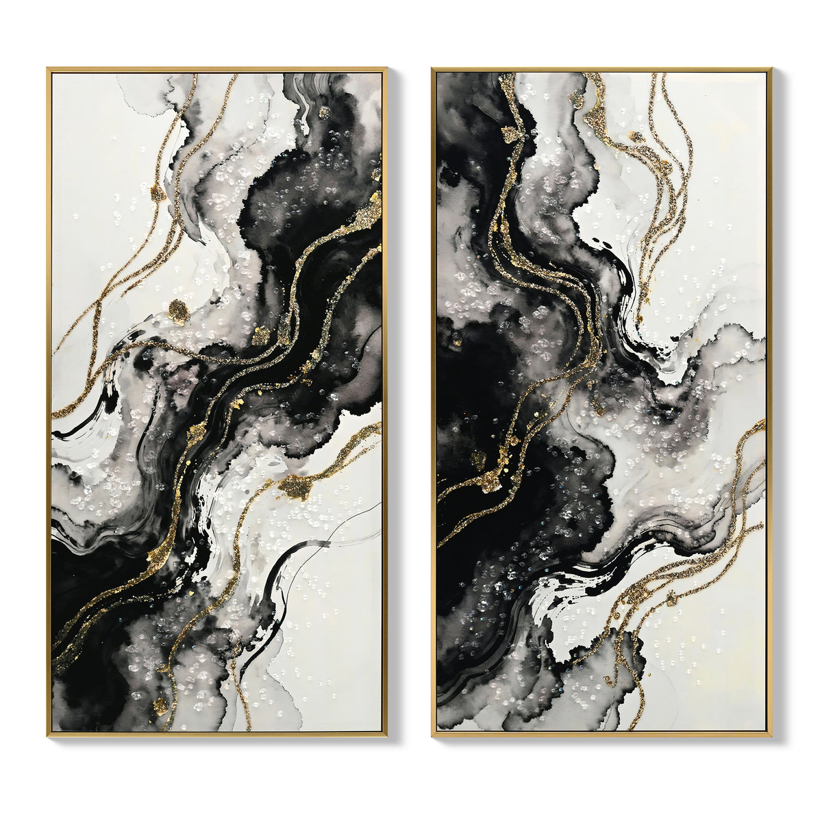 Large Framed Black and White Abstract Wall Art , Set of 2  Minimalist Canvas Pri