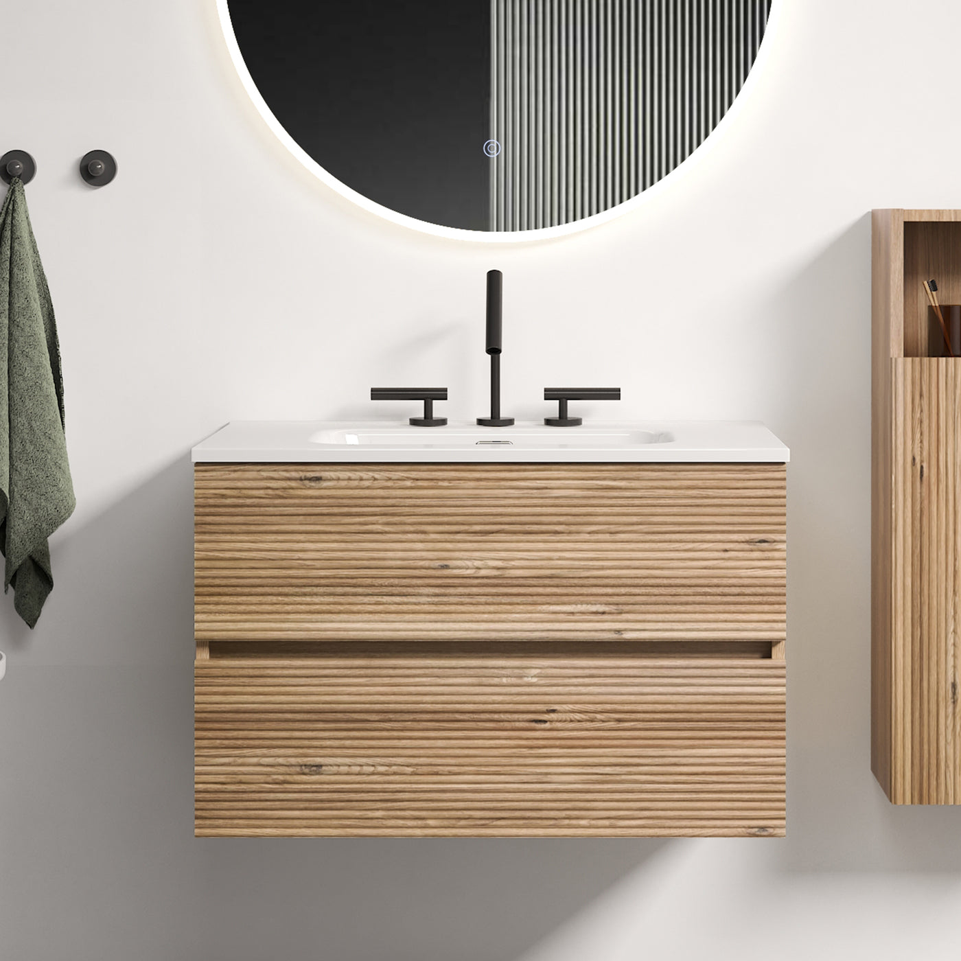 30' Wall Mounted Rough Oak&Rough Oak Bathroom Vanity with Integrated Ceramic ...