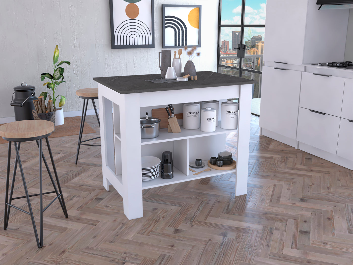 Cala Kitchen Island White Onyx Four Legs Three Shelves