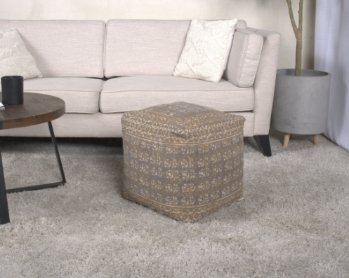 Caesar Handcrafted Square Pouf, Taupe and Gold