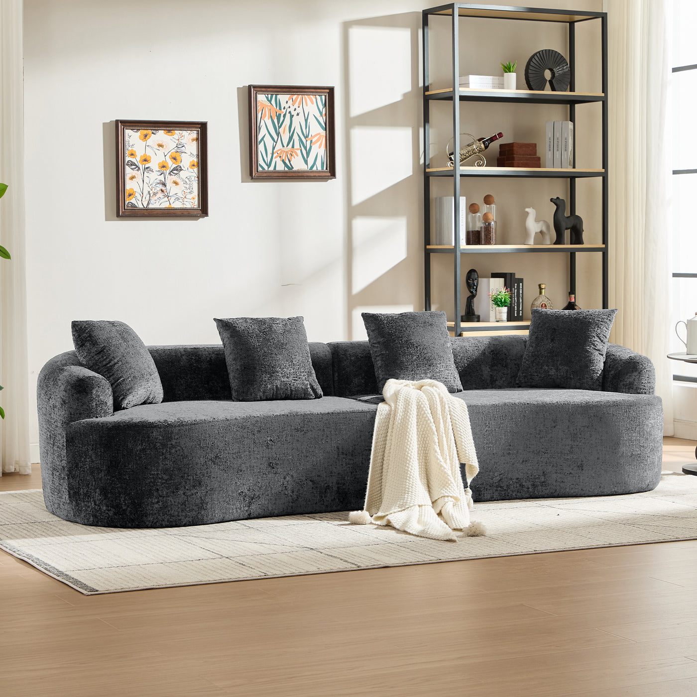 Curved Chenille Loveseat Sofa with Pillows, Deep Seat