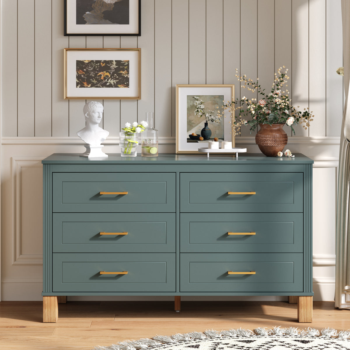 6-Drawer Double Dresser in Blue, Modern Storage Cabinet with Metal Handles & Sol