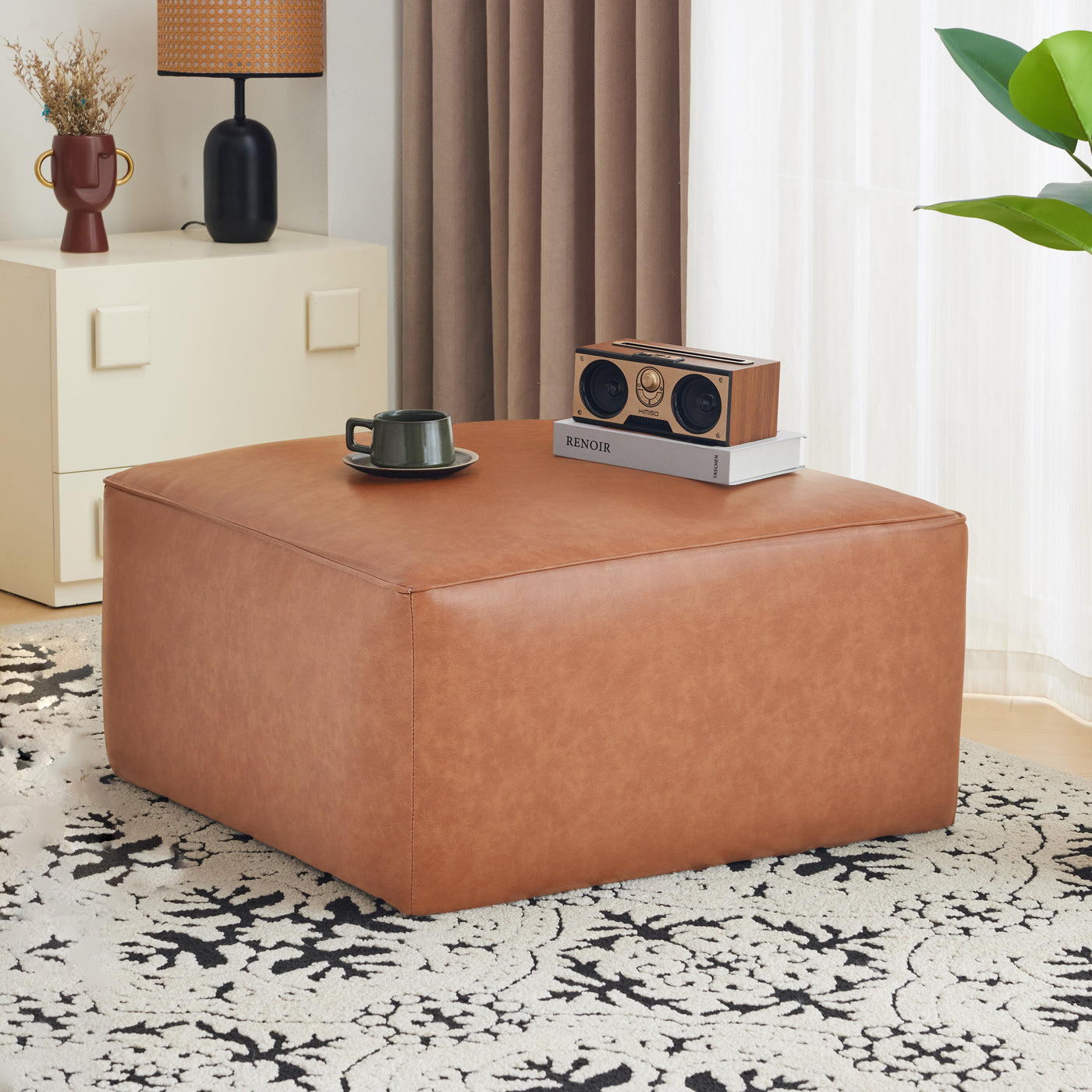 Upholstered Square PU Leather Ottoman,Tan Brown (old sku N757P180768T)