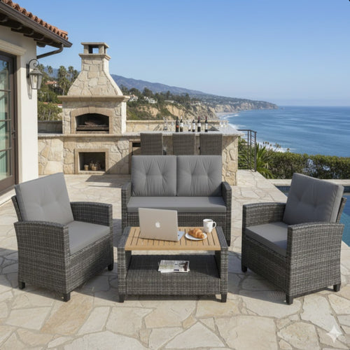 Outdoor Patio Set PE Rattan Gray 4 Piece Loveseat Chairs Acacia Table