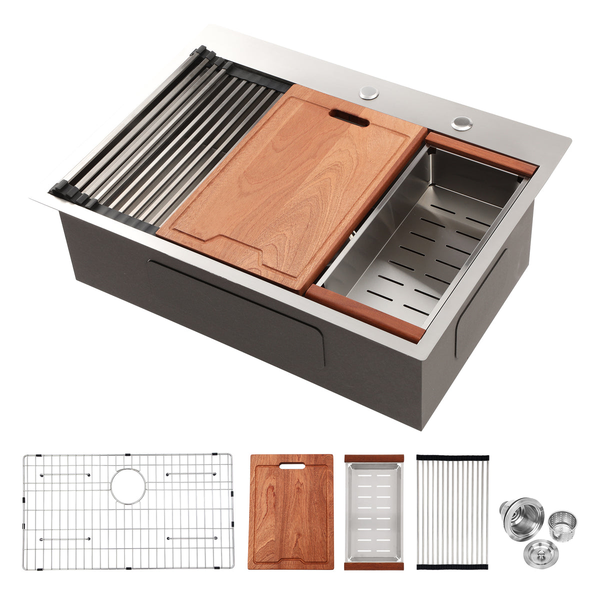 Brushed Nickel Stainless Steel Drop-in Kitchen Sink with Ledge Workstation, 33x2