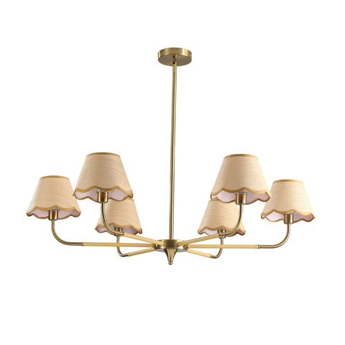 38" Gold 6-lamp Chandelier with Hand-Woven Rattan Lampshade