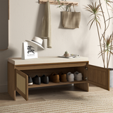 PP Rattan Storage Bench with Cushion, Faux Rattan Shoe Cabinet with 2 Doors