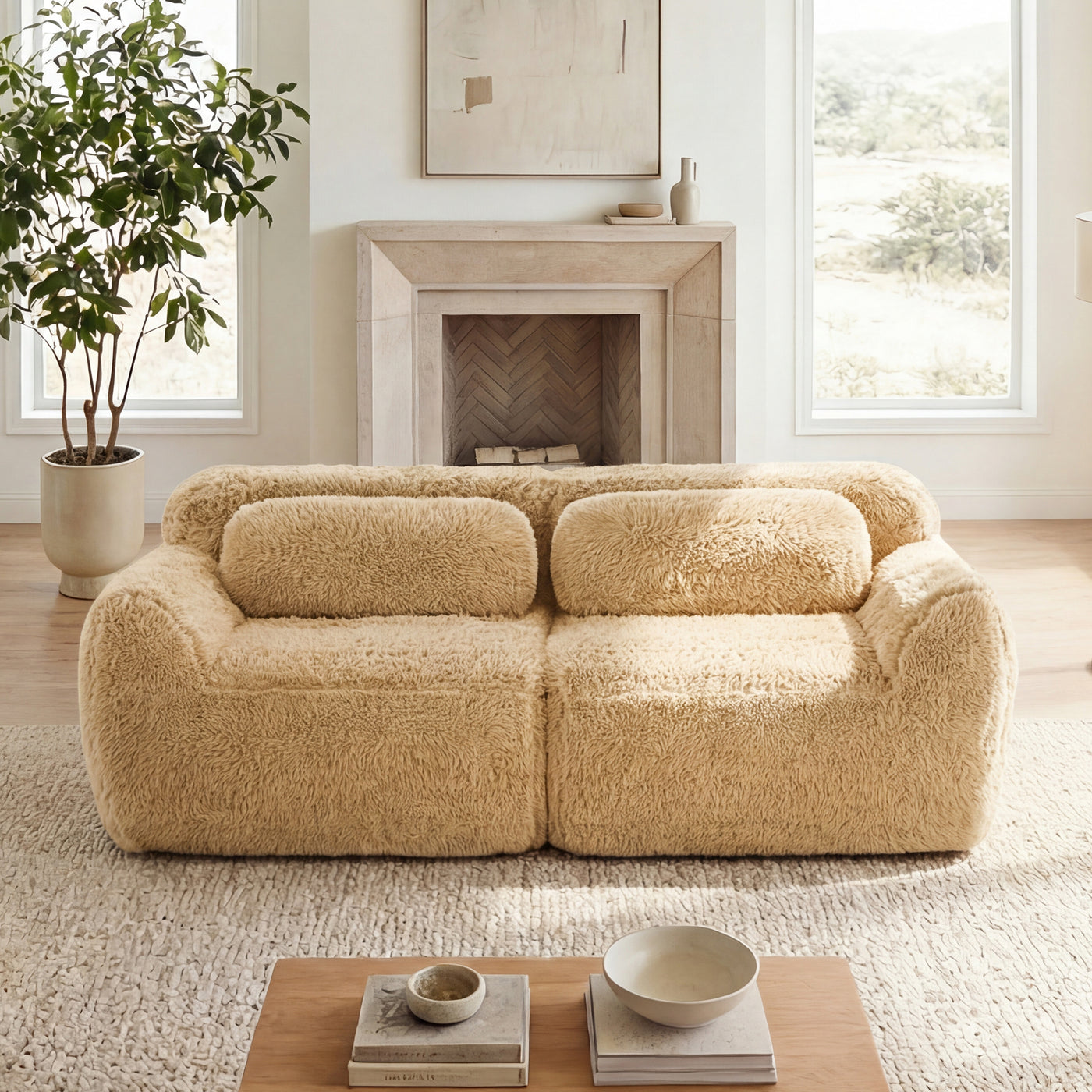 LoveSeat Modular Plush Light Khaki 2 Seat Non-Slip