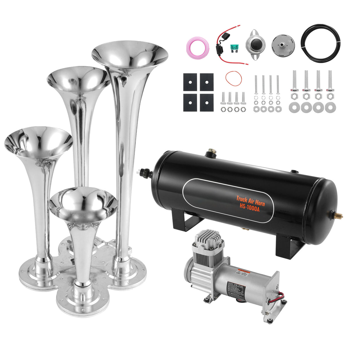 Train Horns Kit, 4 Trumpet Air Horn Kit, 150dB Train Horns for Pickup Trucks