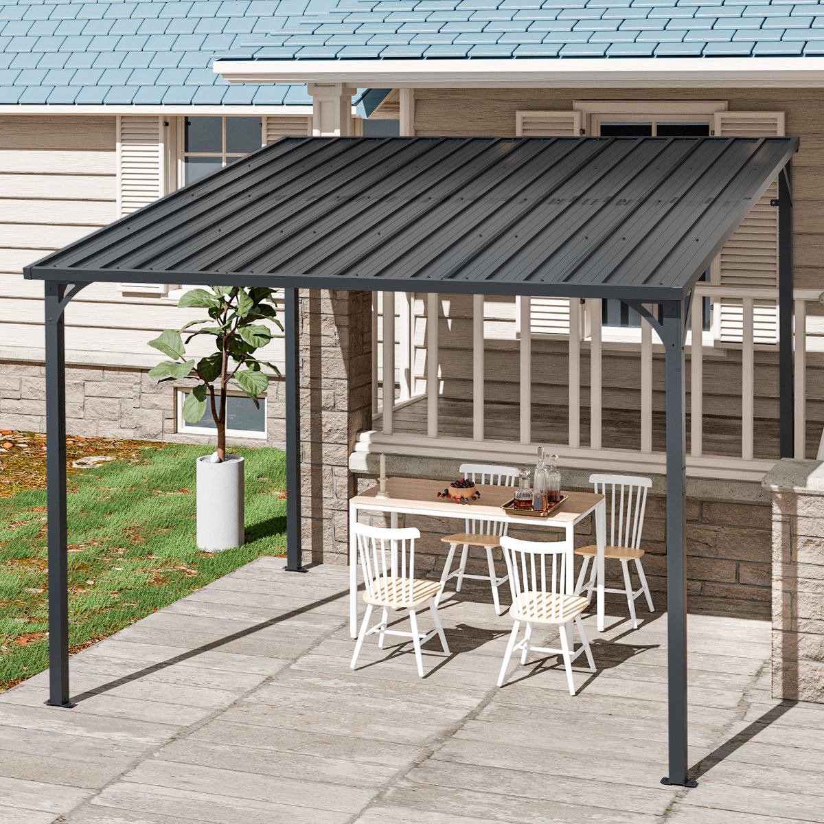 Outdoor Pergola 8' x 10' Metal Inclined Roof Pergolas Waterproof Wall-mounted