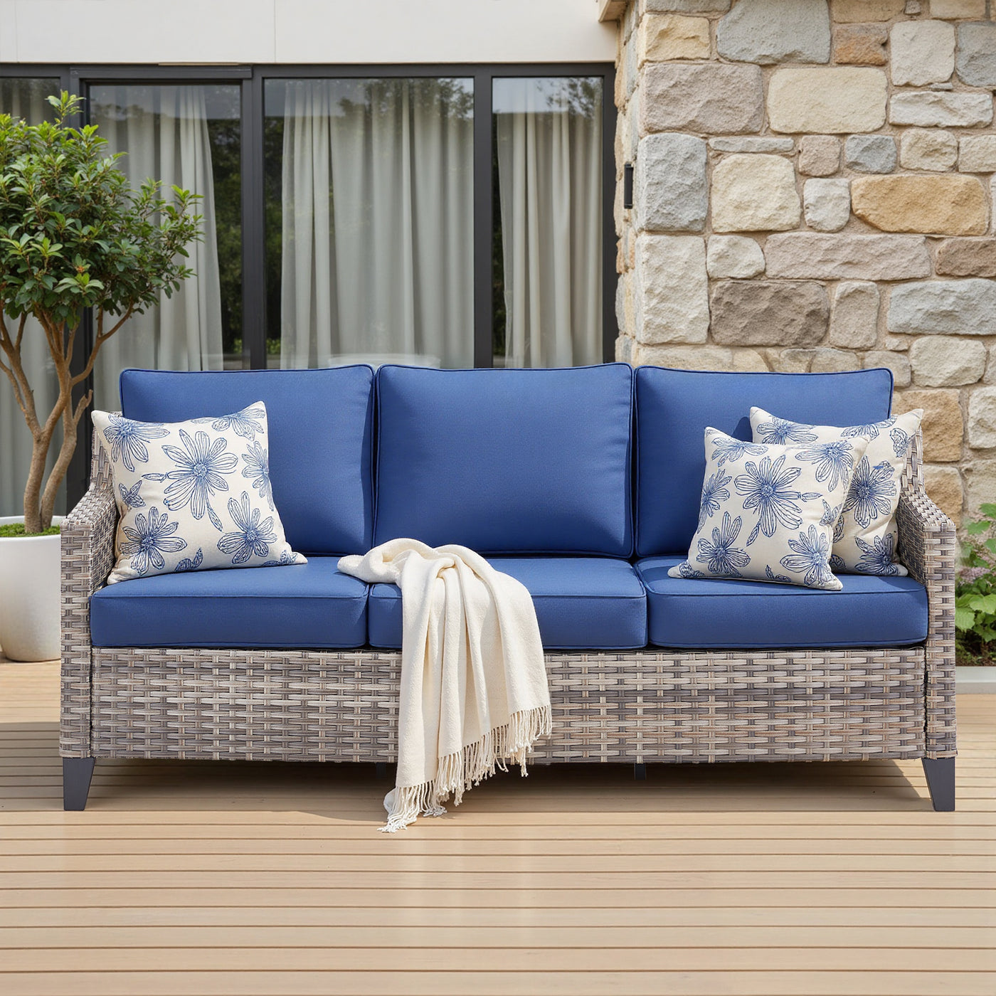 73.2 in Outdoor Patio Sofa, 3-Seat Gray Rattan Couch with Blue Cushions