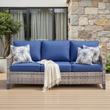 73.2 in Outdoor Patio Sofa, 3-Seat Gray Rattan Couch with Blue Cushions