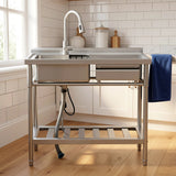 Utility Sink with Faucet, Stainless Steel, Single Bowl with a Storage Drawer