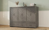 Queen Size Murphy Bed, Pine Wood Cabinet Bed with Built-in USB Charging Station and Geometrical Decoration Panel ,Grey