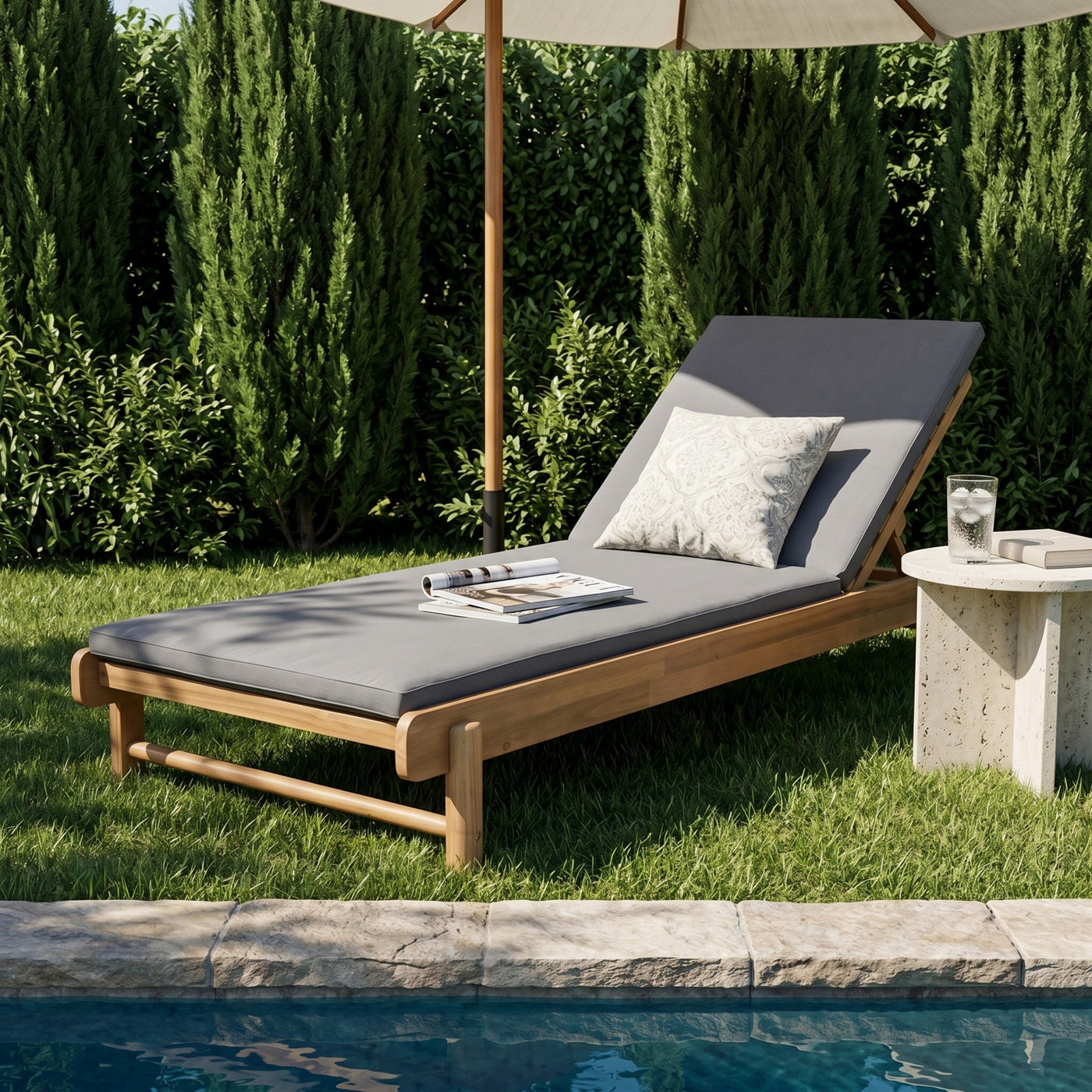 Teak Acacia Wood Chaise Lounge, 3-Position Adjustable, 400 lbs
