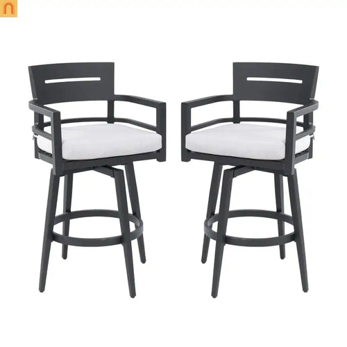 Outdoor Bar Stool Aluminum Black Swivel Footrest 360 Cushion Set of 2
