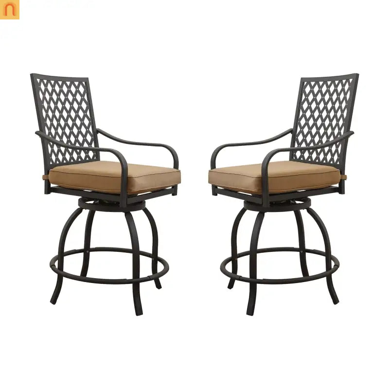 Outdoor Swivel Bar Stool Set Metal Khaki Cushion 360 Degree Set of 2