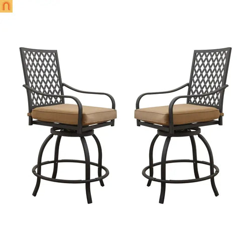 Outdoor Swivel Bar Stool Set Metal Khaki Cushion 360 Degree Set of 2