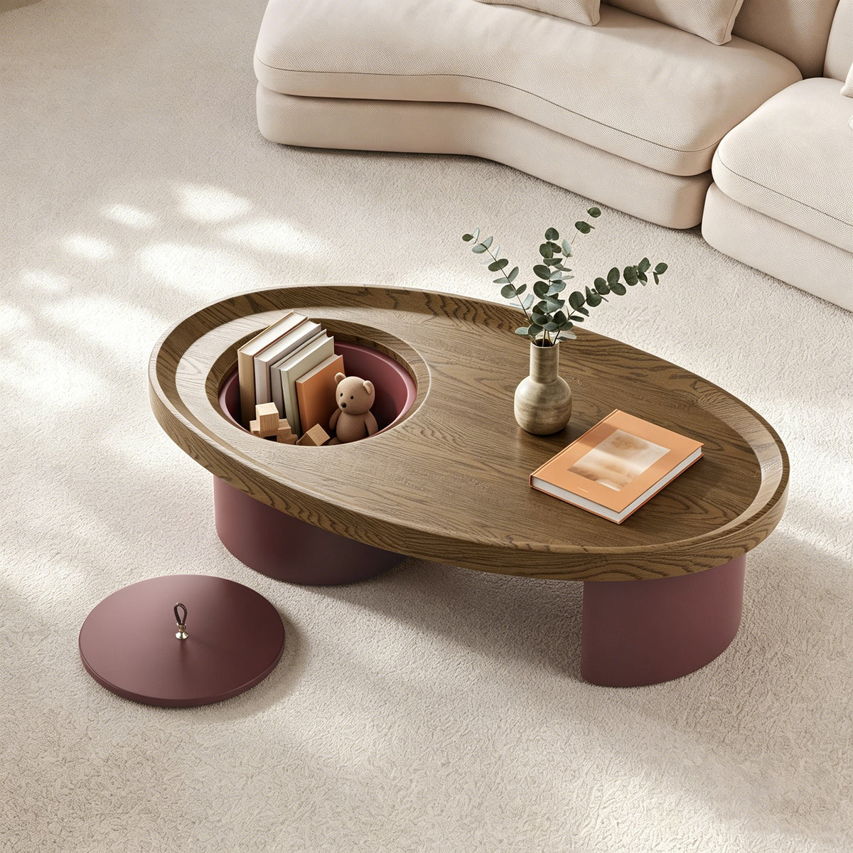 Oval Engineered Wood Coffee Table with Storage Red/Walnut