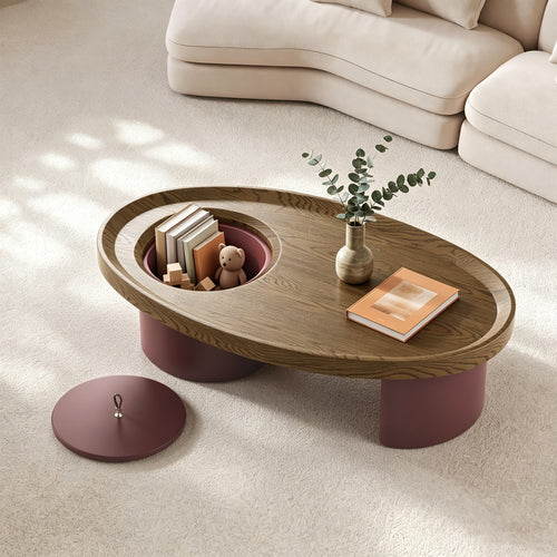 Oval Engineered Wood Coffee Table with Storage Red/Walnut