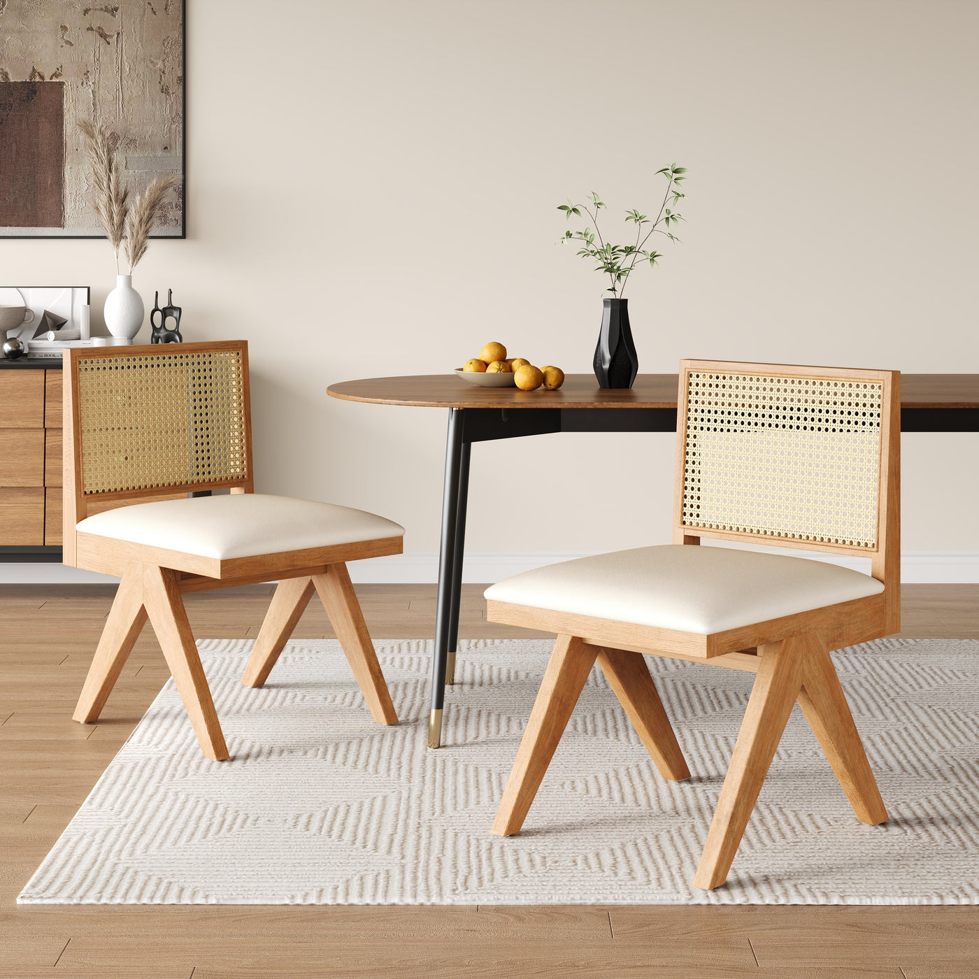 Set of 2 Dining Side Chairs with Cane Back and Beige Cushion