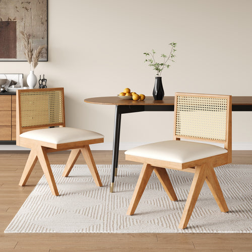 Set of 2 Dining Side Chairs with Cane Back and Beige Cushion
