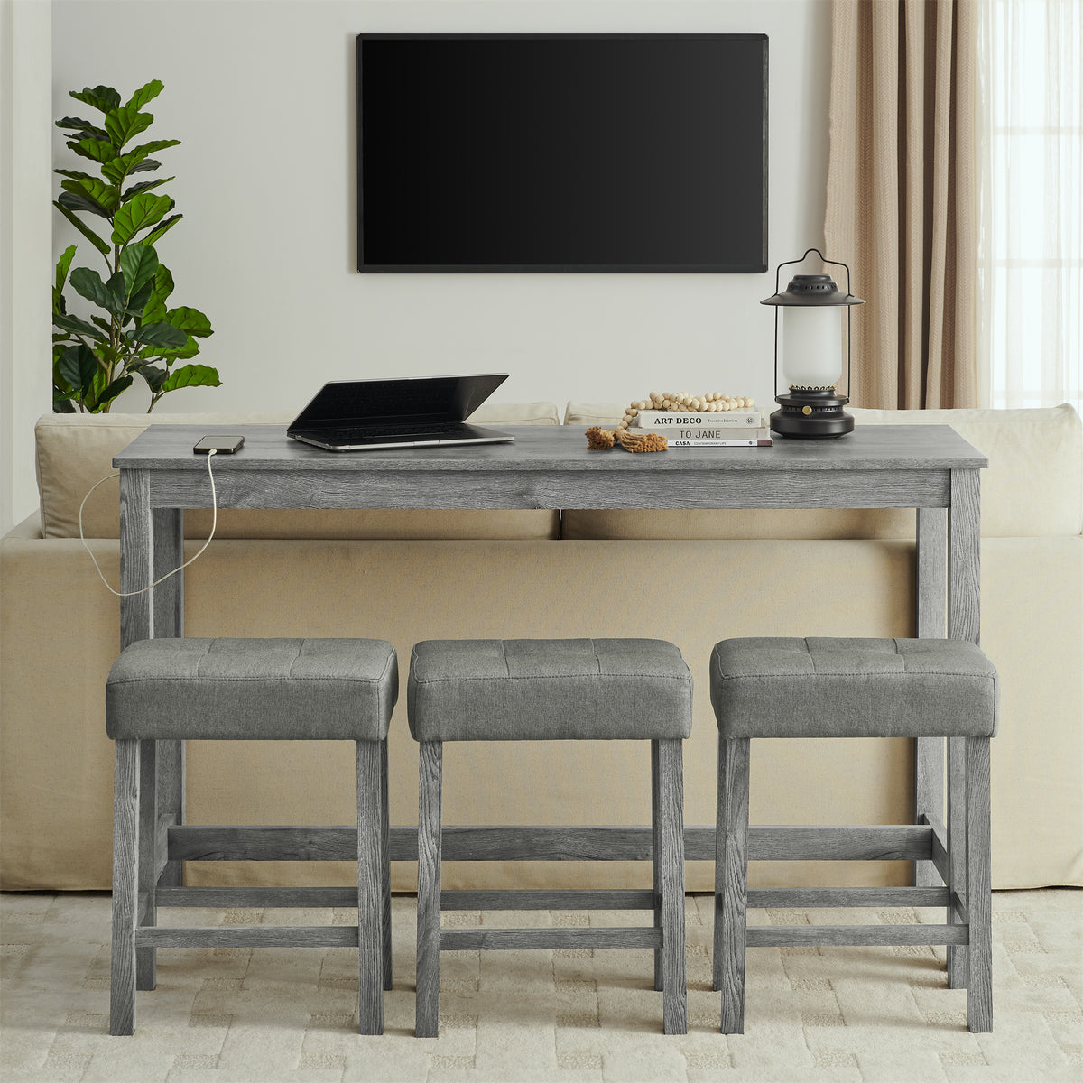 Solid Wood Bar Table Set Grey