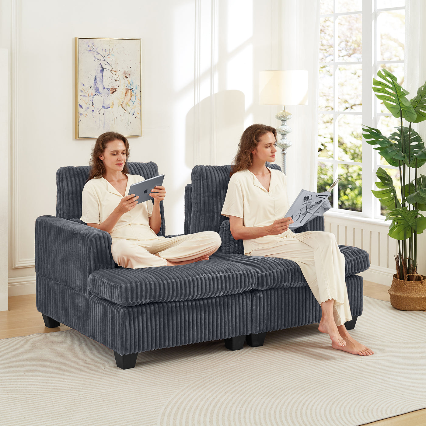 Fluffy Corduroy Square Armrest Loveseat Adjustable Back