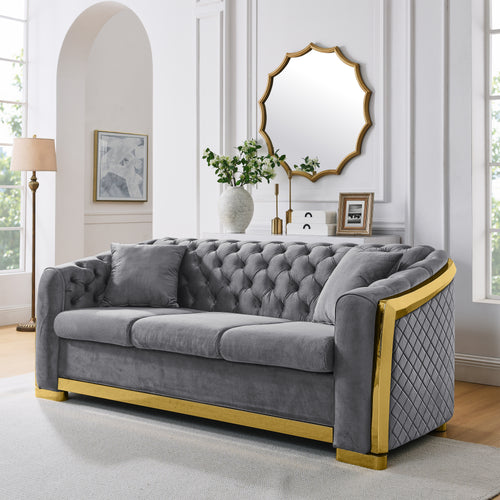 Velvet Chesterfield Tufted 3-Seat Sofa 81" Grey