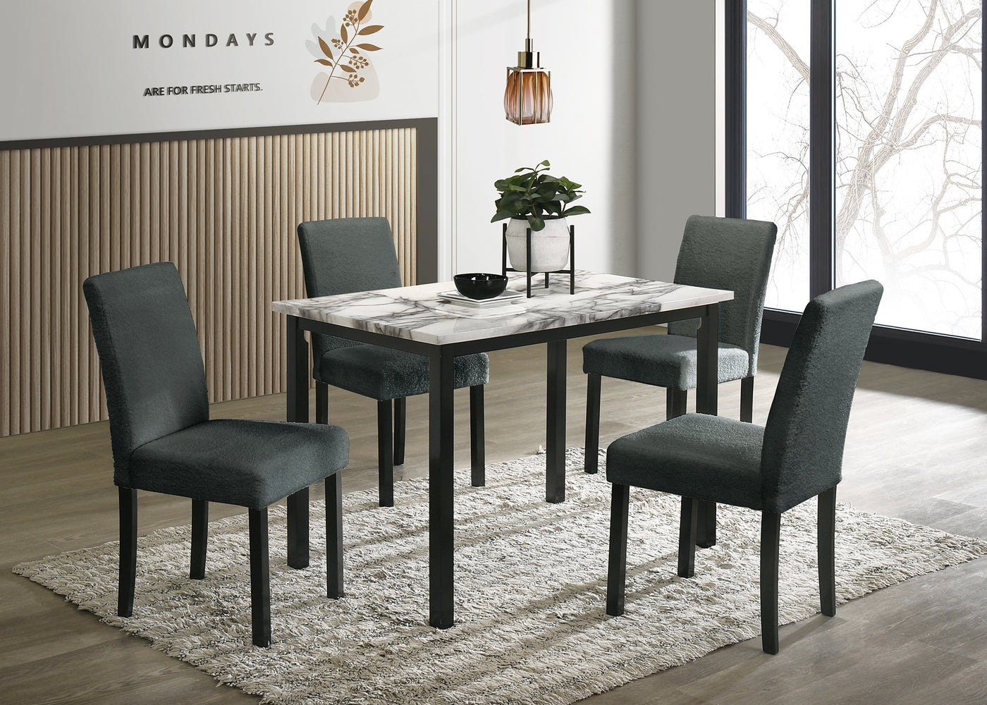 5pc Dining Set Charcoal Wool Chairs Faux Marble Table