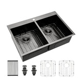 Gunmetal Black Double Bowl Drop-In Kitchen Sink 33'x22' 16 Gauge Stainless
