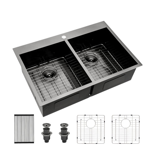 Gunmetal Black Double Bowl Drop-In Kitchen Sink 33'x22' 16 Gauge Stainless