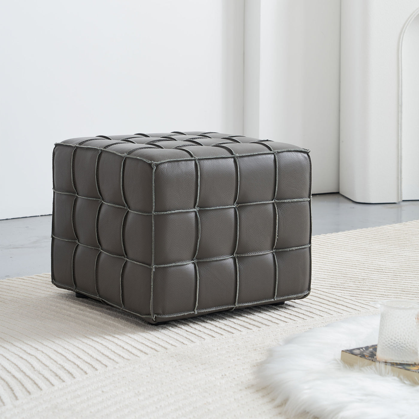 17.32 Inch Quality Leather Tufted Square Ottoman Footstool, Grey
