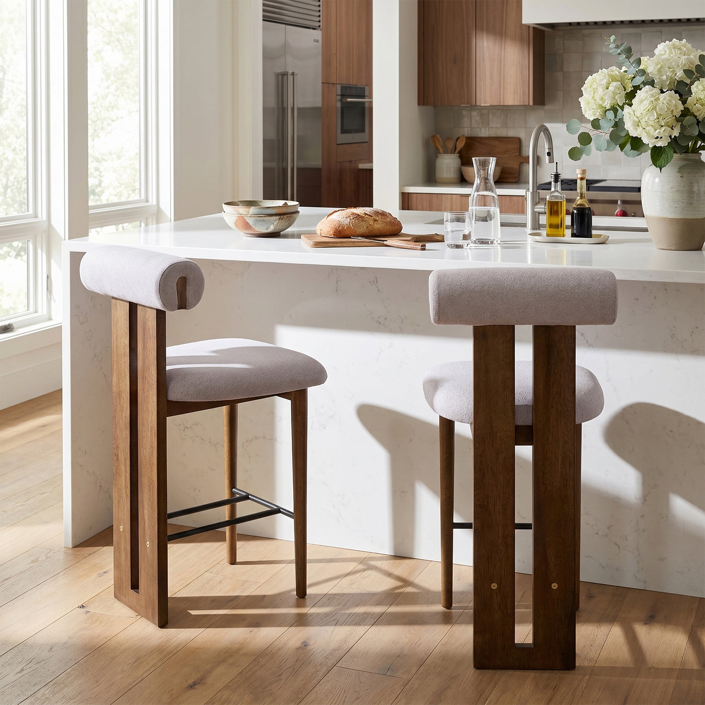 Renee Indoor Modern Split-Back Rubber Wood Counter Stool with Ivory Upholstery, Dark Walnut Finish, Set of 2