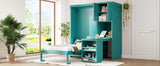 Twin Size Rotating Wall Murphy Beds with Bookshelf, Top Cabinet, Extendable Desk & Side Storage, Teal