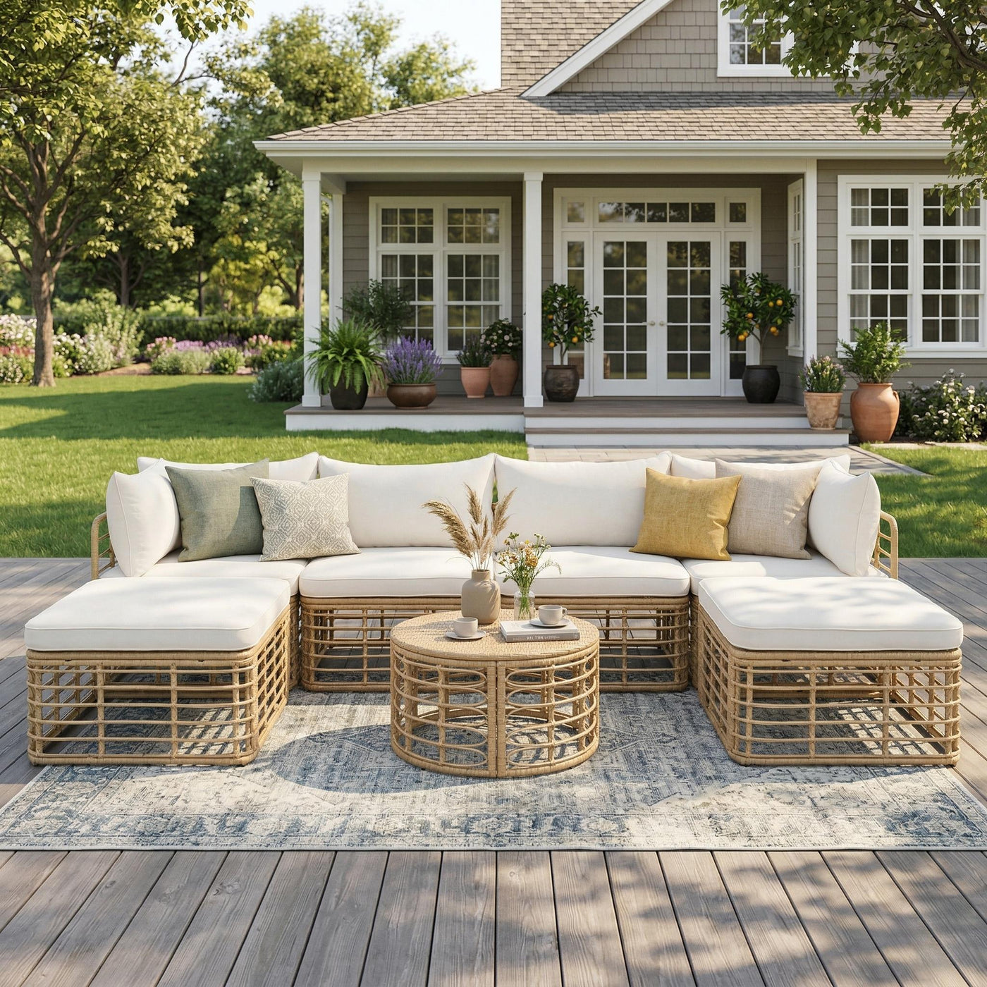 7-Piece Outdoor Rattan Sectional Sofa Set with Cushions