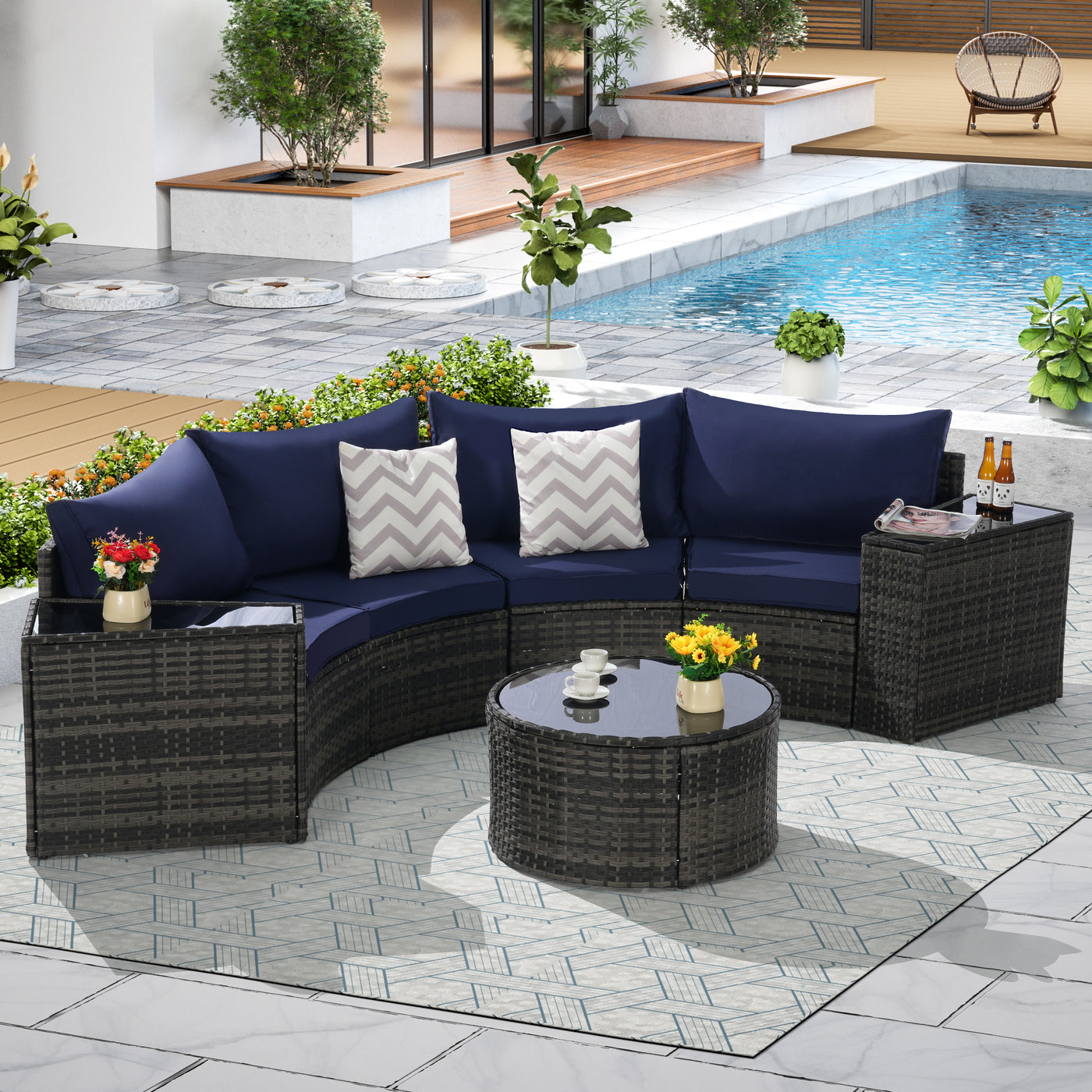 Outdoor Sectional Set PE Rattan Steel Dark Blue Half Moon 7 Piece 380 LB