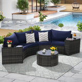 Outdoor Sectional Set PE Rattan Steel Dark Blue Half Moon 7 Piece 380 LB