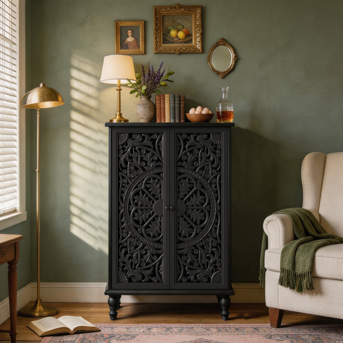 47' Tall Accent Cabinet with Doors & Storage, Farmhouse Hollow Carved Double Doo