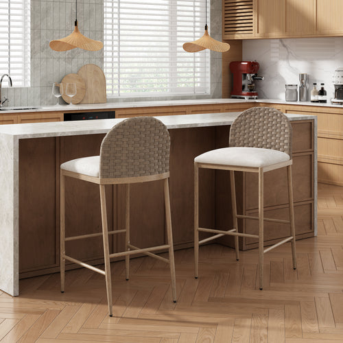 Set of 2 Counter Stools 29.5" Rattan Backrest Brown Beige