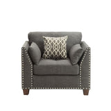 Linen Accent Chair with 3 Pillows, Nailhead Trim, Light Charcoal