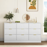 Dresser Classic 9-Drawer White Particle Board Gold Handles 63x15.74 In
