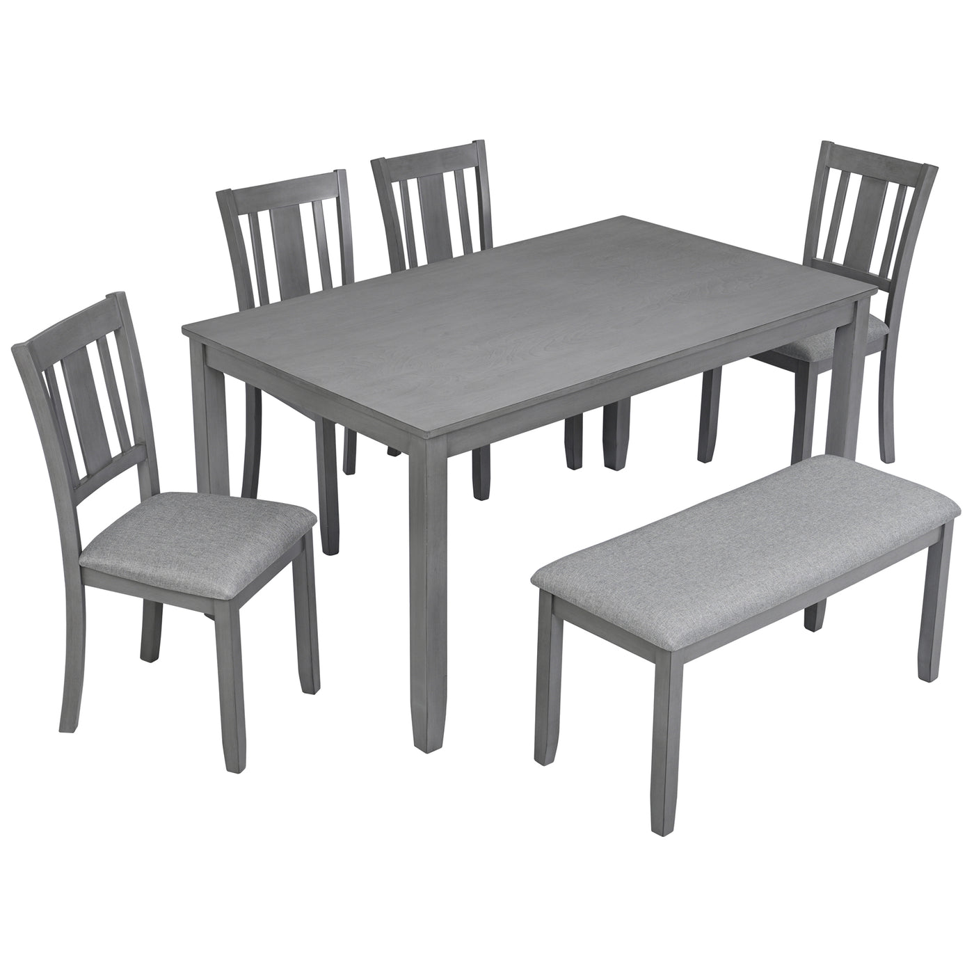 6-Piece Dining Set with Table, 4 Chairs, and Bench, Gray