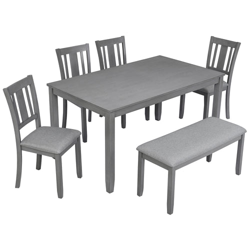 6-Piece Dining Set with Table, 4 Chairs, and Bench, Gray