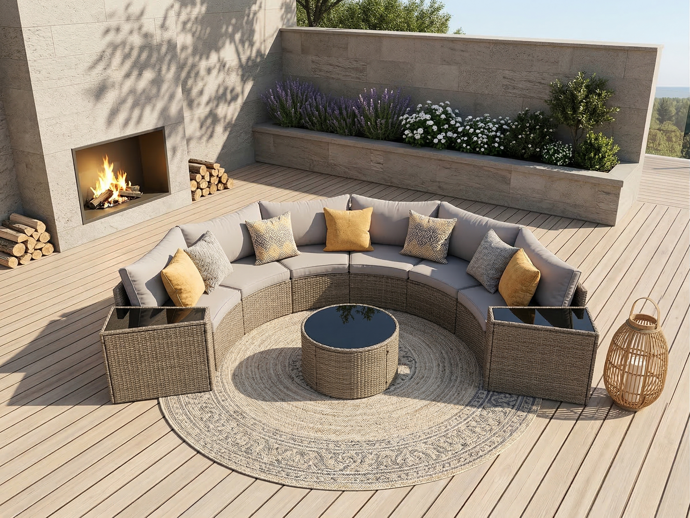 Outdoor Sectional Set PE Rattan Steel Light Gray Half Moon 9 Piece 380 LB