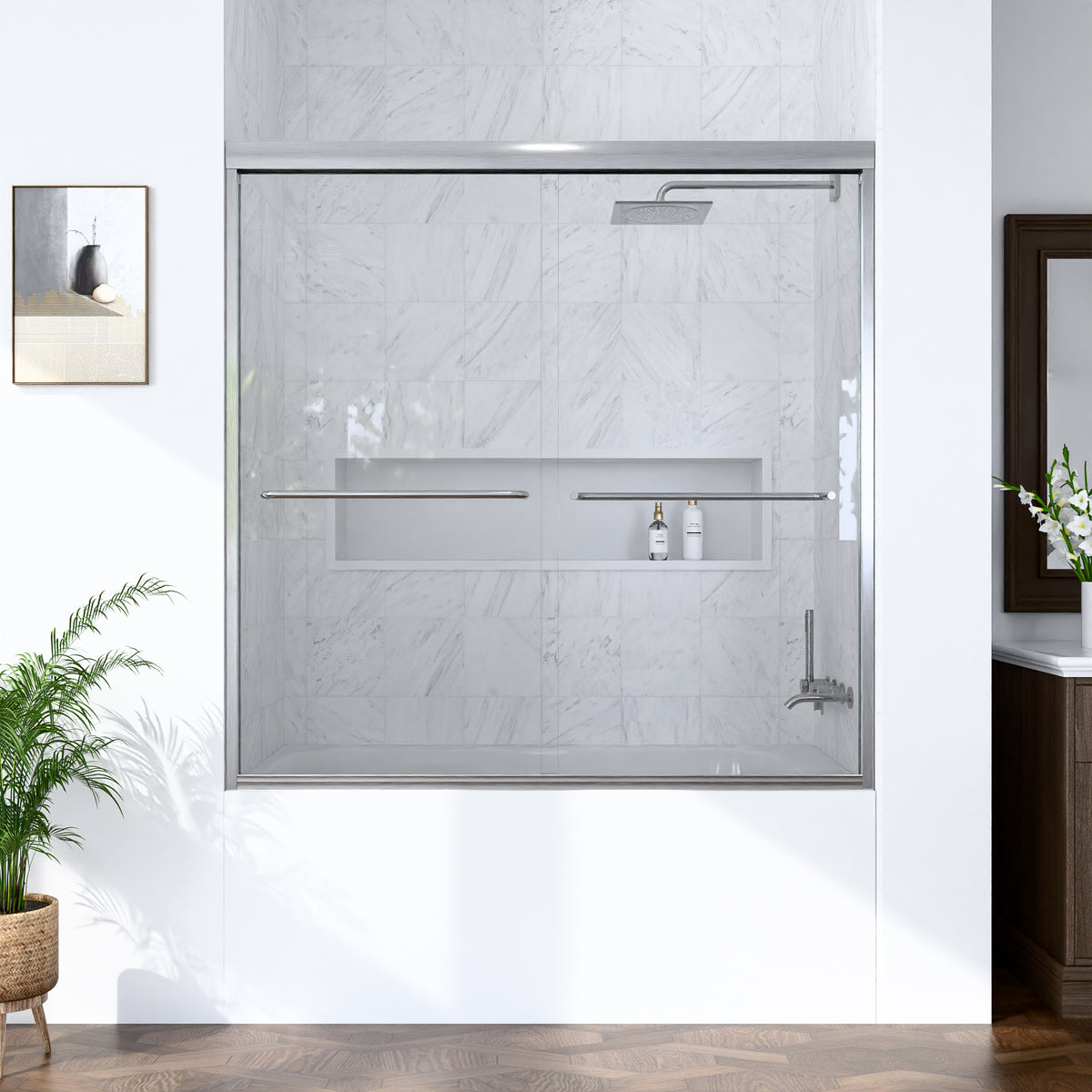 56"-60"W*60" H Semi-Frameless Double Sliding Shower Door, Bypass Shower Door