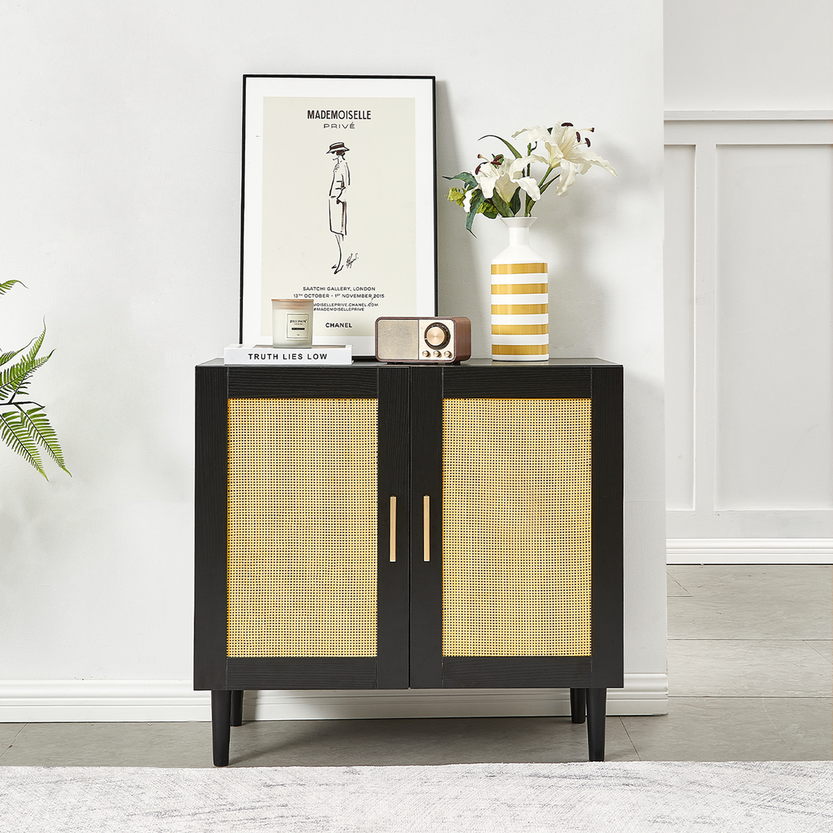 Side panel buffet cabinet with natural rattan door, rattan storage cabinet