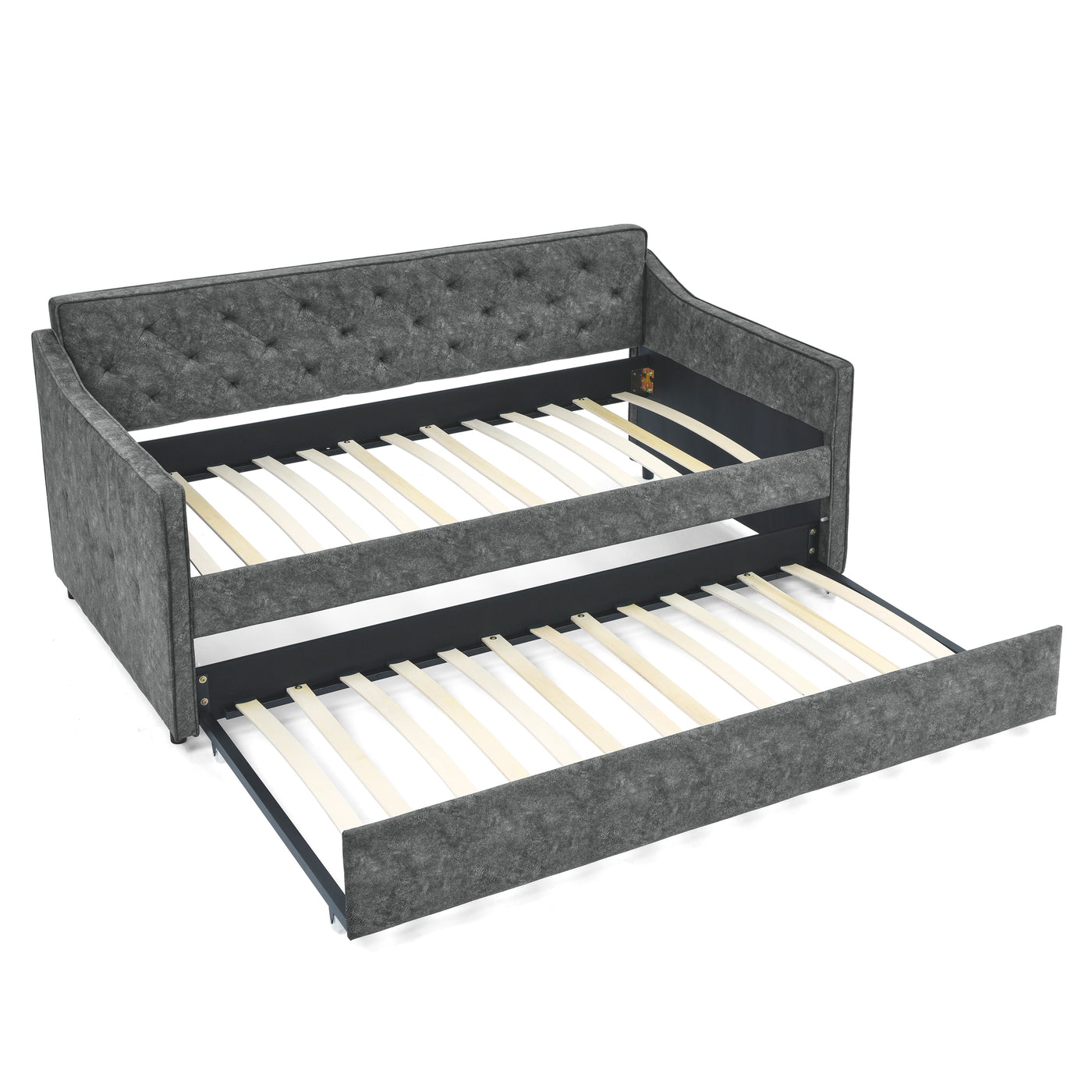 Mid-Century Grey Twin Daybed with Trundle and Waved Arms