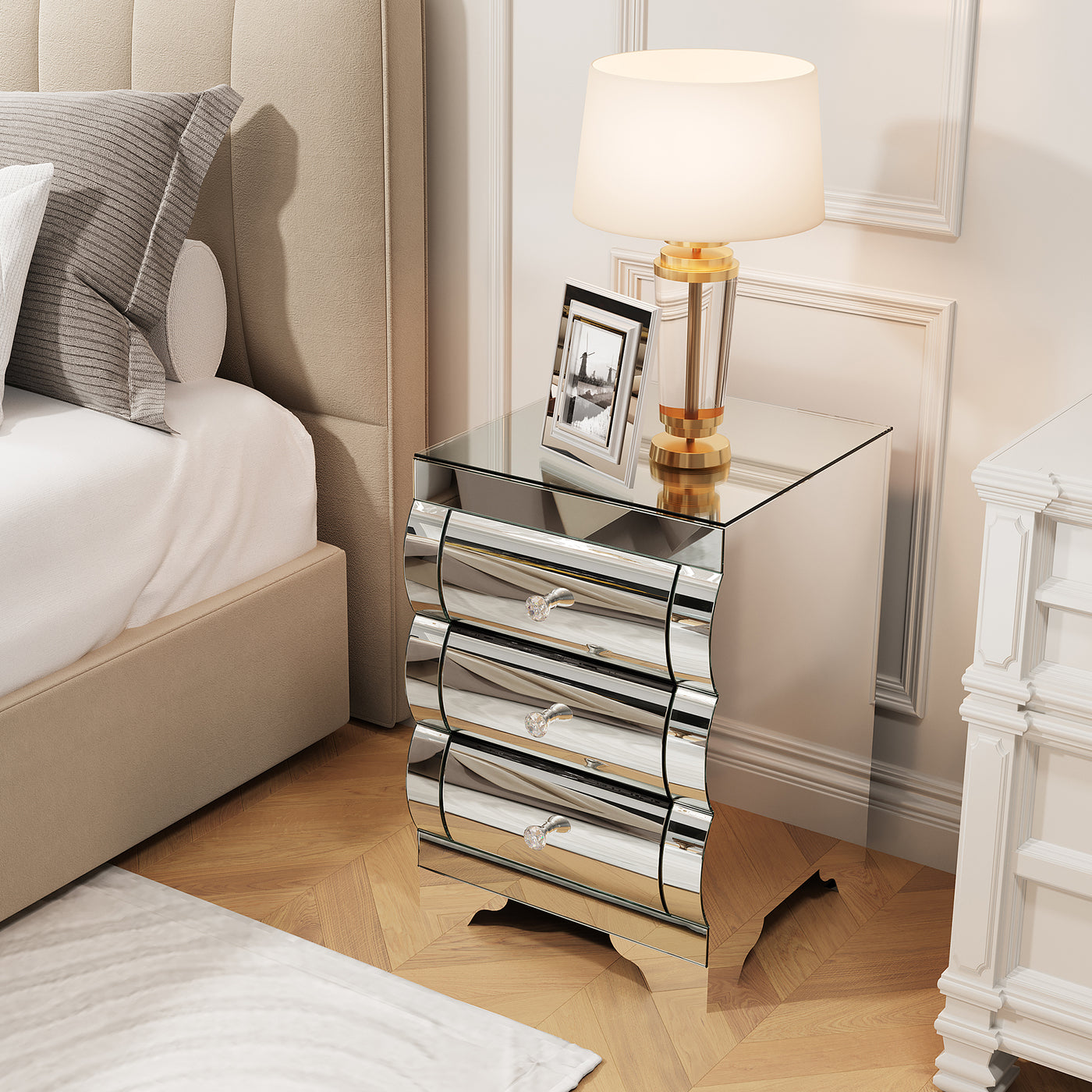 Curved Mirror Nightstand with 3-Drawer Glass Bedside Table, Silver, Bedroom