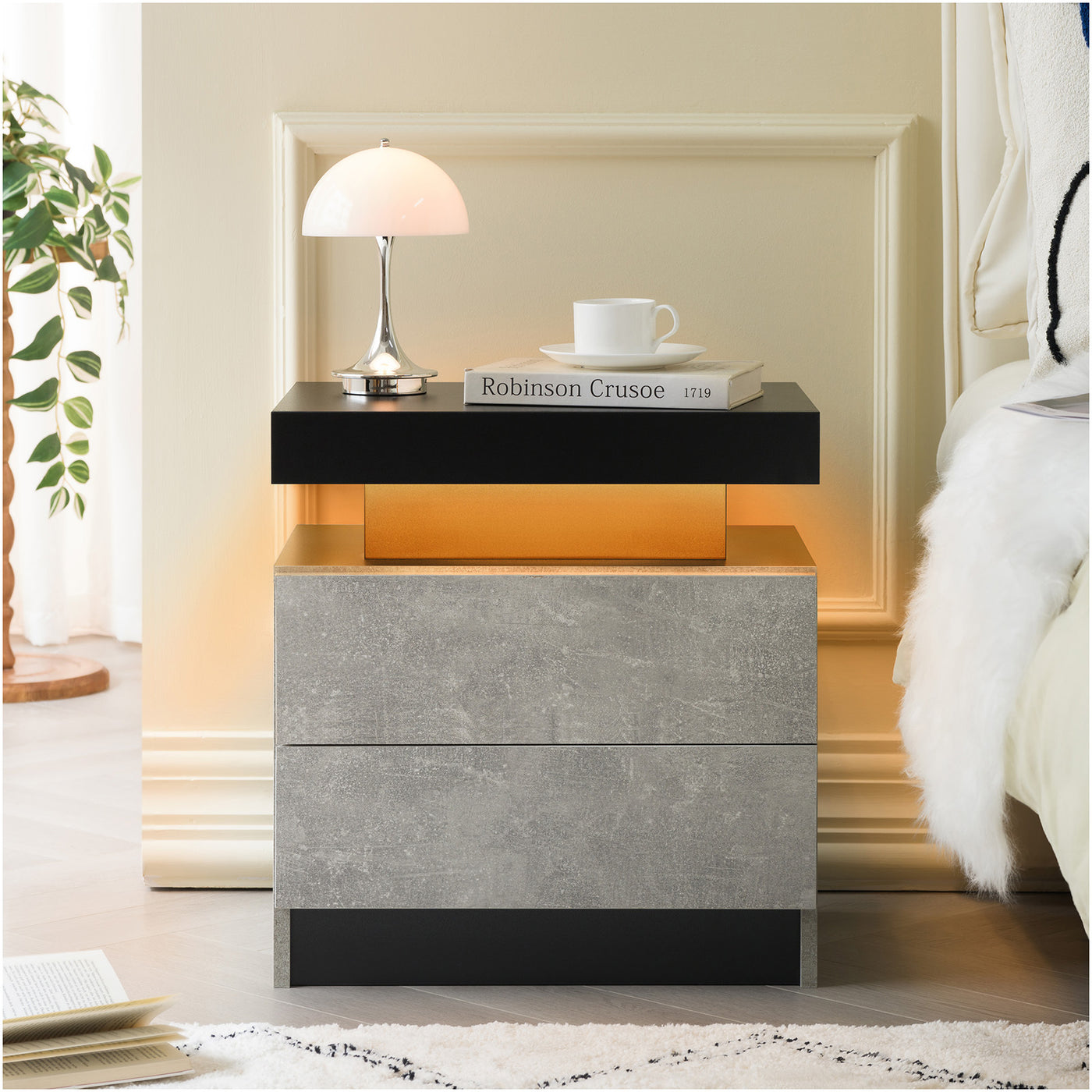 Modern LED Nightstand with 2 Drawers, Black and Gray